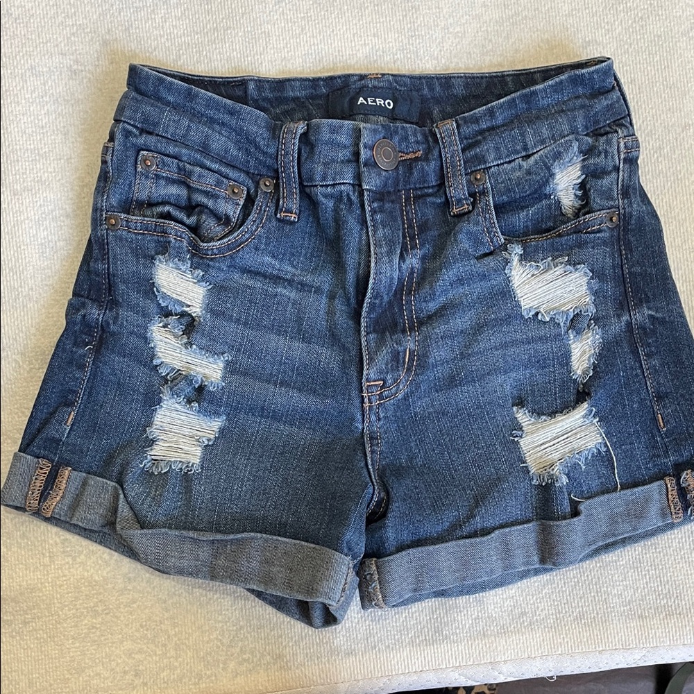 Aero Women's Ripped Jean Shorts - Dark Blue